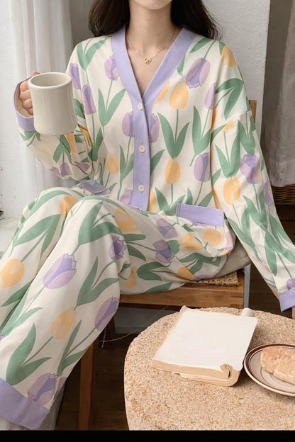 Off White With Flower V-Neck Button Printed Night Suit