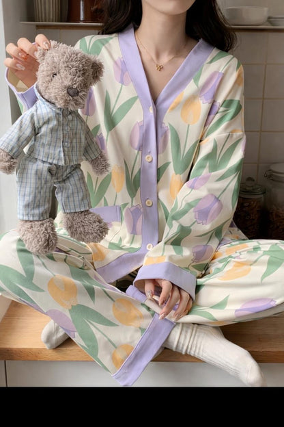 Off White With Flower V-Neck Button Printed Night Suit