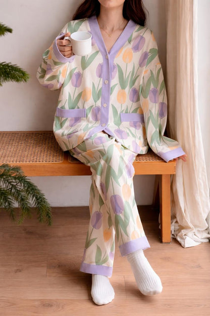Off White With Flower V-Neck Button Printed Night Suit