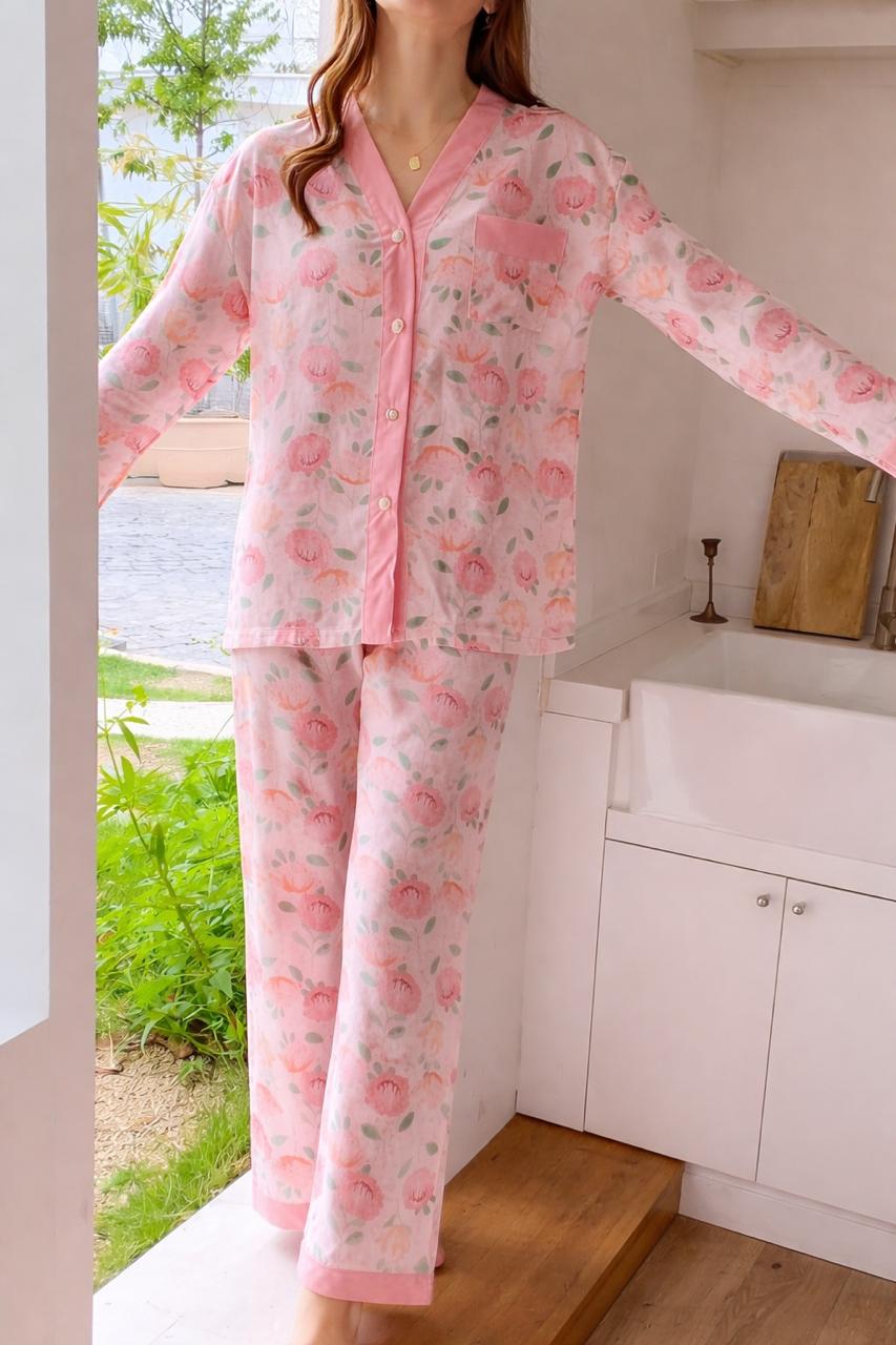 Pink Rose V-Neck Button Printed Night Suit