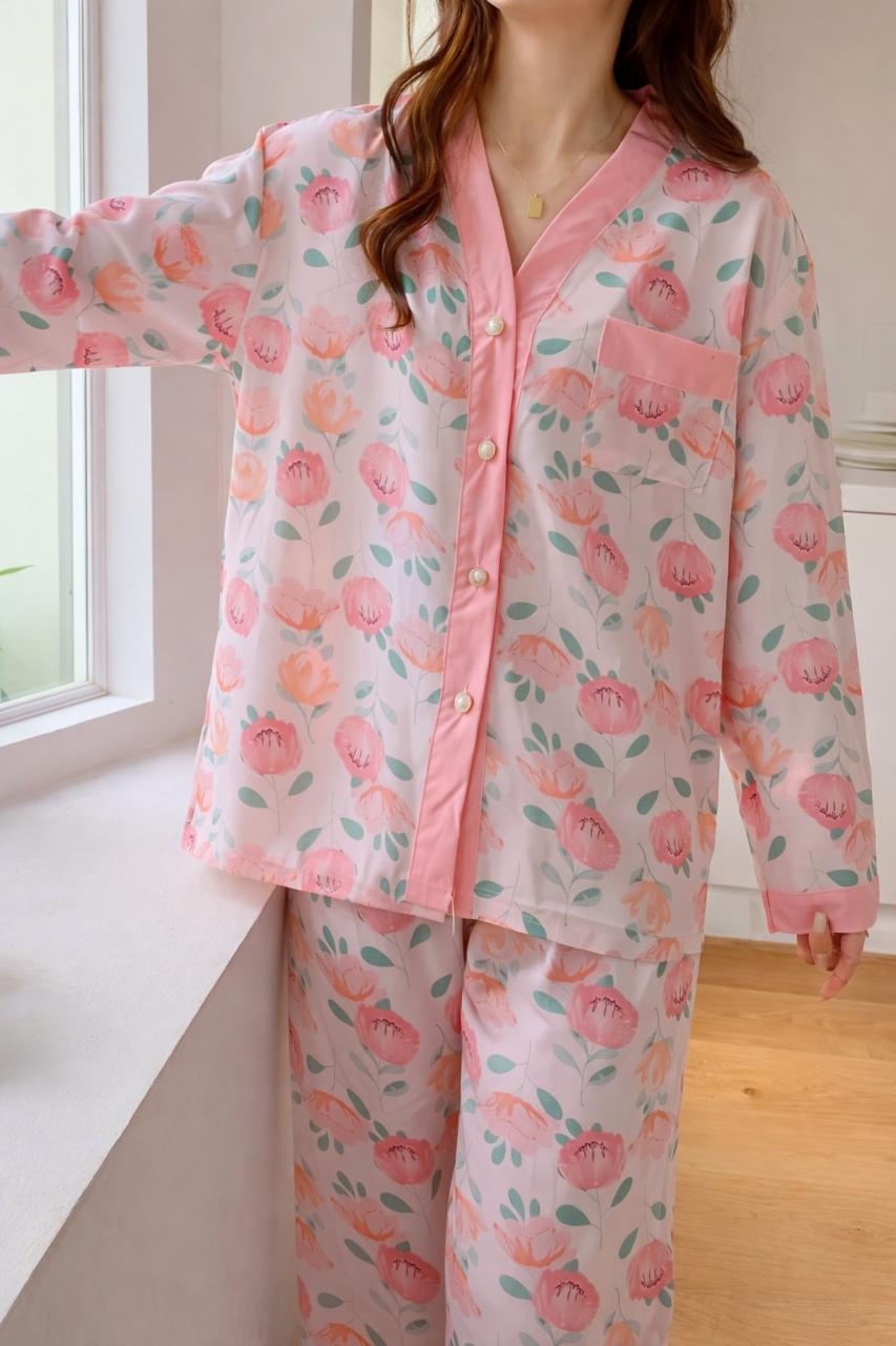 Pink Rose V-Neck Button Printed Night Suit