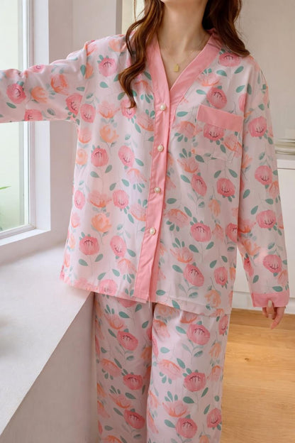 Pink Rose V-Neck Button Printed Night Suit