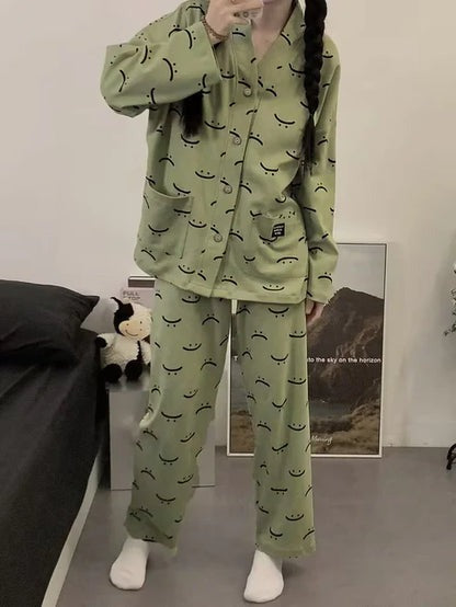 Green Emoji V-Neck Button Printed Night Suit