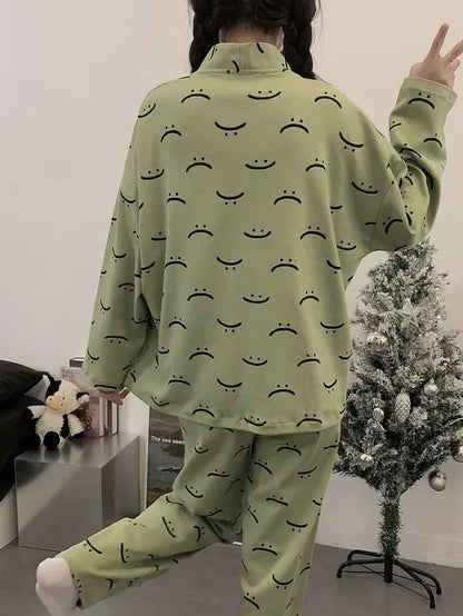Green Emoji V-Neck Button Printed Night Suit