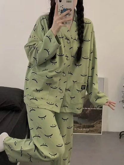 Green Emoji V-Neck Button Printed Night Suit