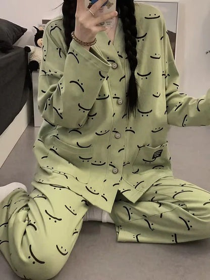 Green Emoji V-Neck Button Printed Night Suit