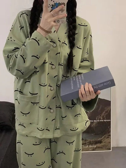 Green Emoji V-Neck Button Printed Night Suit
