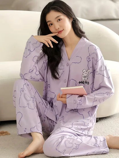 Purple Bunny V-Neck Button Printed Night Suit