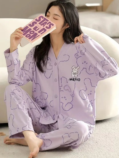 Purple Bunny V-Neck Button Printed Night Suit