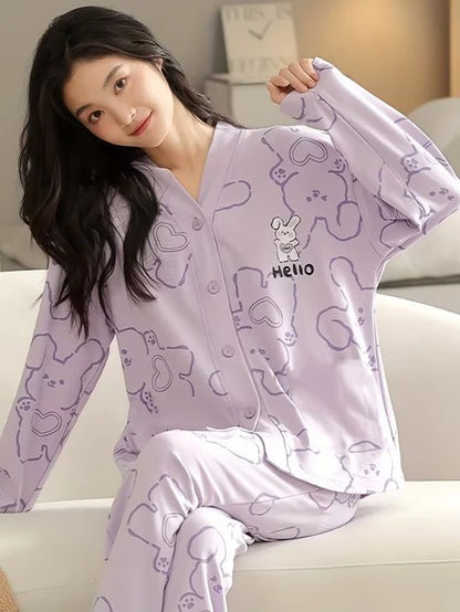 Purple Bunny V-Neck Button Printed Night Suit