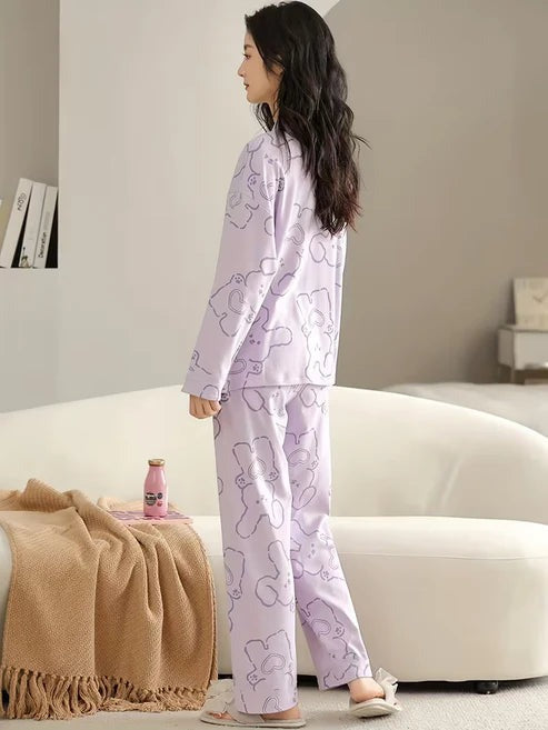 Purple Bunny V-Neck Button Printed Night Suit