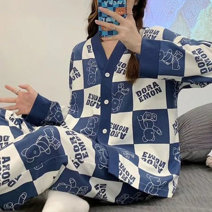 Dora Blue Check Style V-Neck Button Printed Night Suit