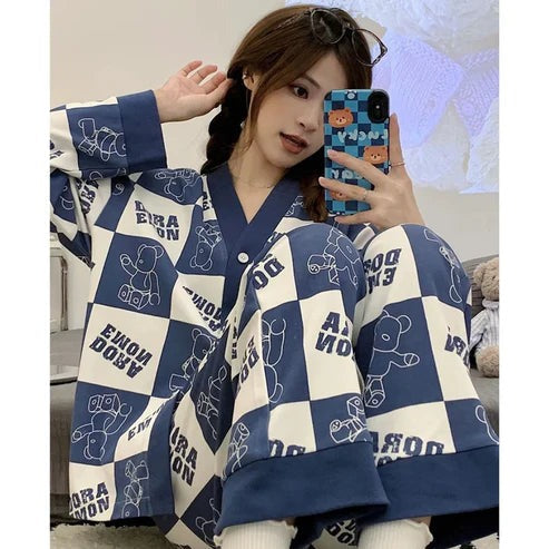 Dora Blue Check Style V-Neck Button Printed Night Suit