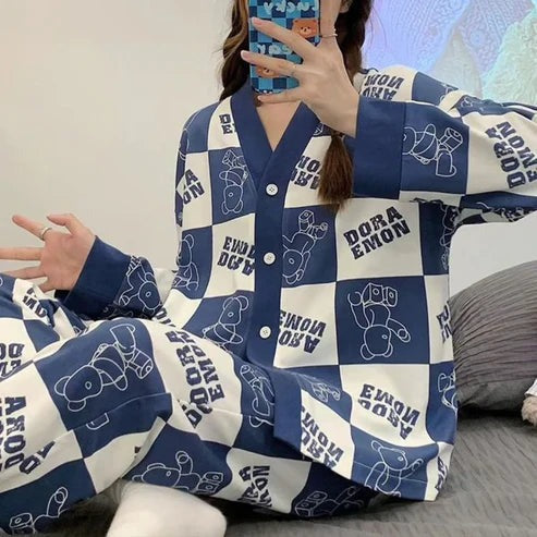 Dora Blue Check Style V-Neck Button Printed Night Suit