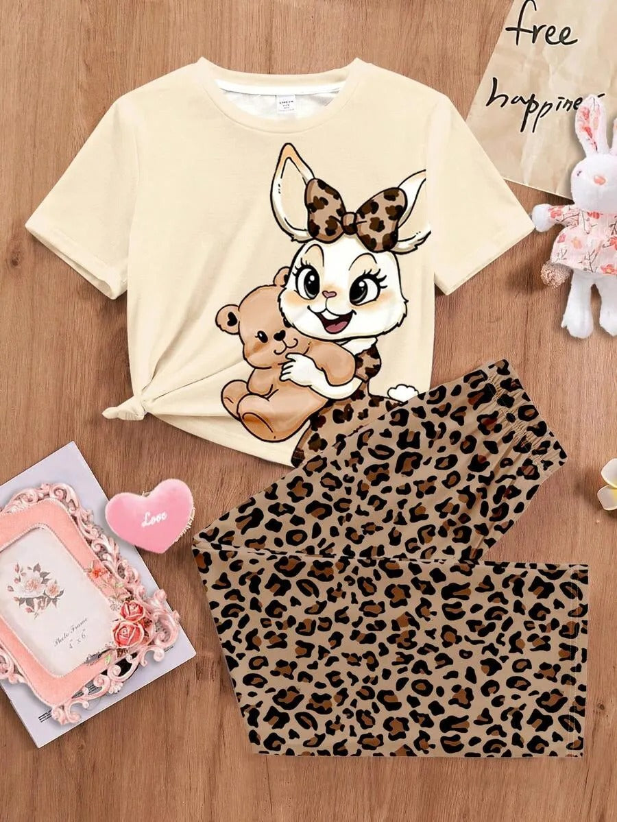 Cute Bunny &amp; Bear Half Sleeve Printed Night Suit (7-14 Years)