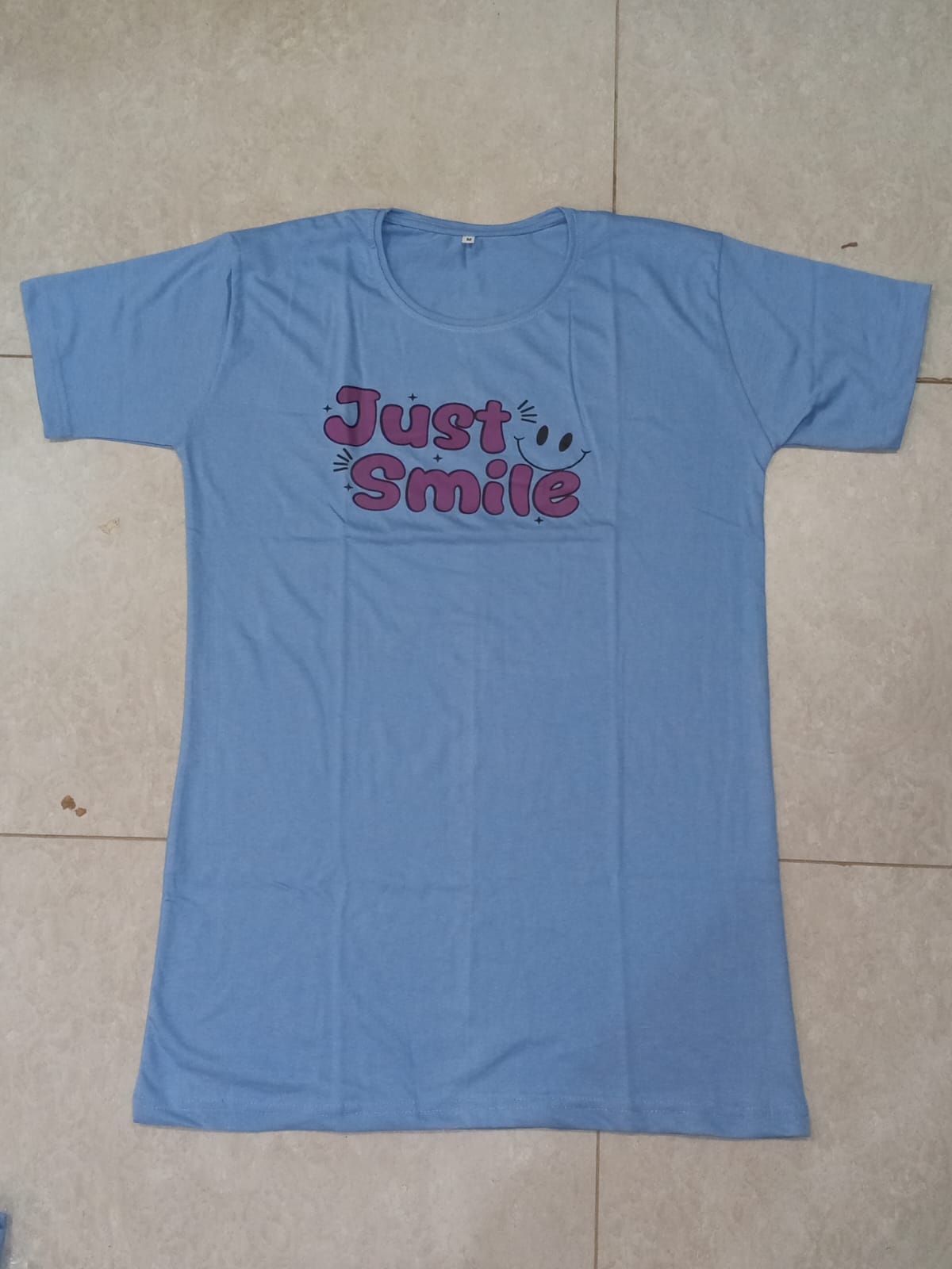 Just Smile Printed Blue Long T Shirt