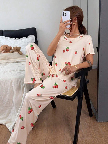 Pink Strawberry Printed Night Suit