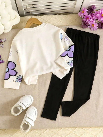 Purple Flowers & Heart Printed Kids Winter Suit