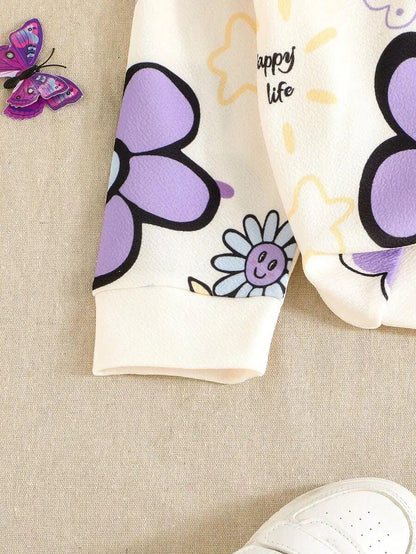 Purple Flowers & Heart Printed Kids Winter Suit