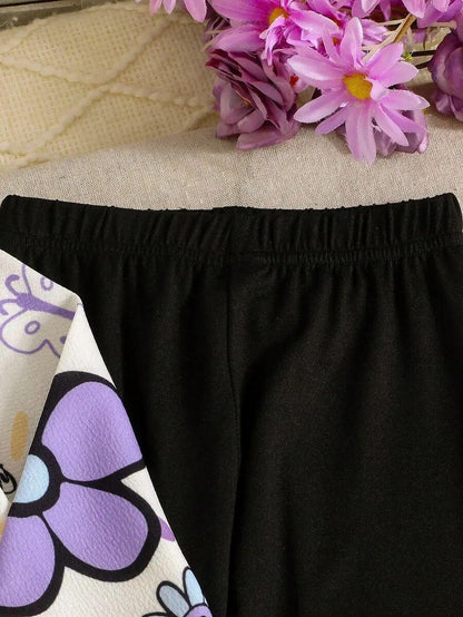 Purple Flowers & Heart Printed Kids Winter Suit