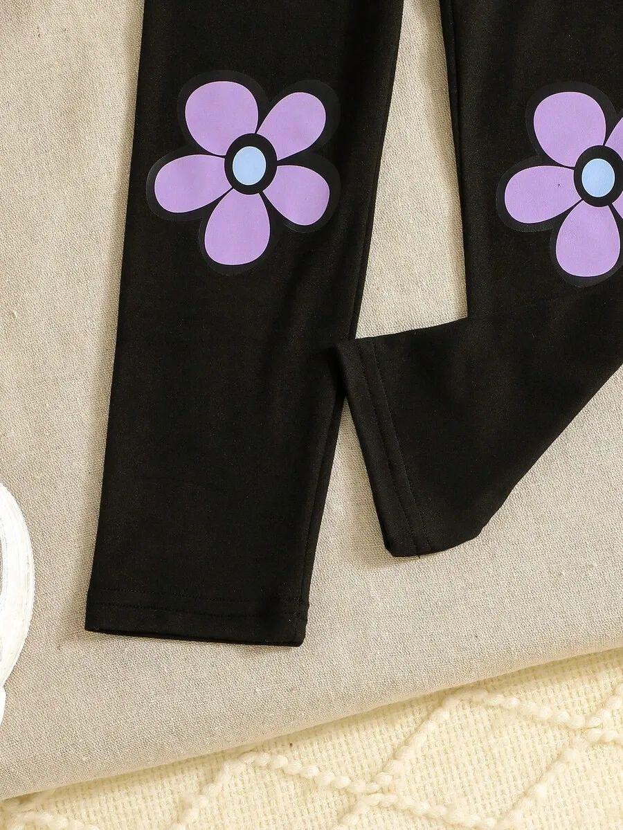 Purple Flowers & Heart Printed Kids Winter Suit