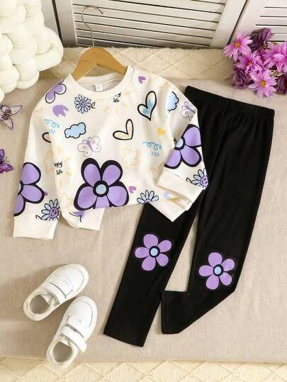 Purple Flowers & Heart Printed Kids Winter Suit