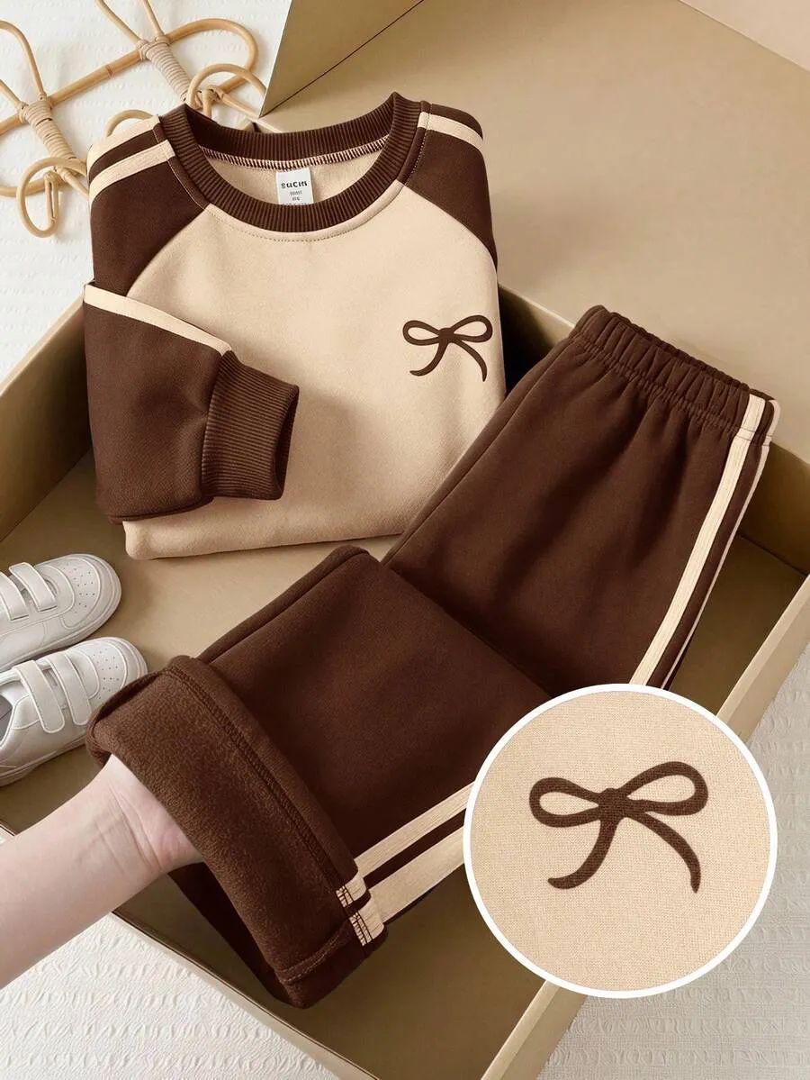 Brown Bow Printed Kids Winter Suit