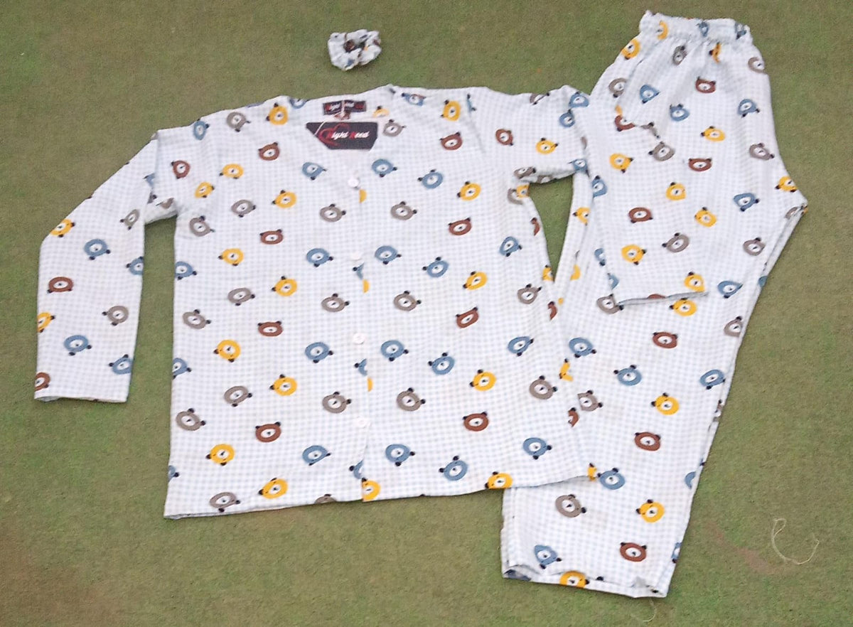 Blue Bear Printed Crinkled Cotton Night Suit