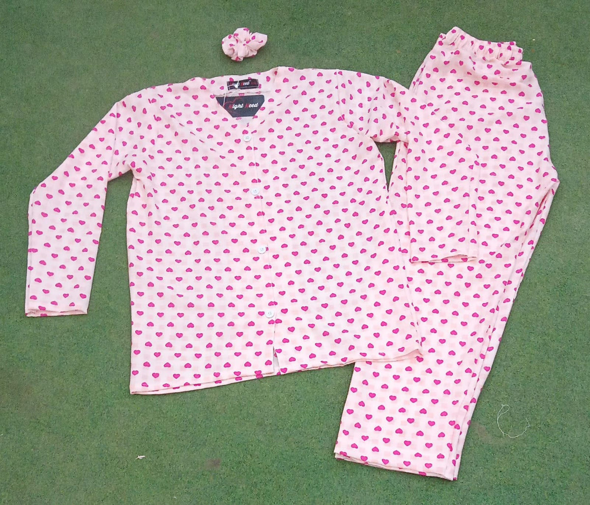 Pink Heart Printed Crinkled Cotton Night Suit
