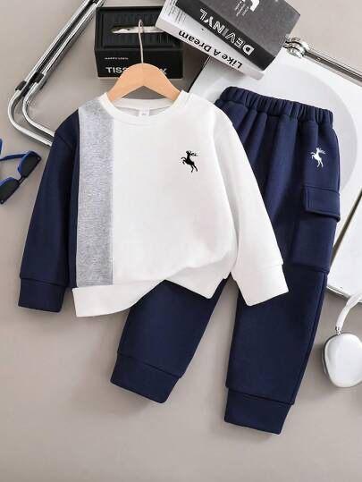 Navy Colorblock Crewneck Printed Kids Winter Suit