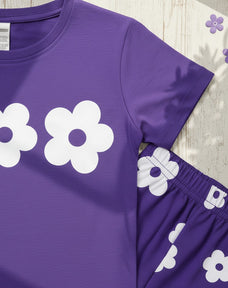 Purple Flower Half Sleeve Kids Suit