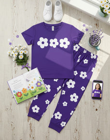 Purple Flower Half Sleeve Kids Suit