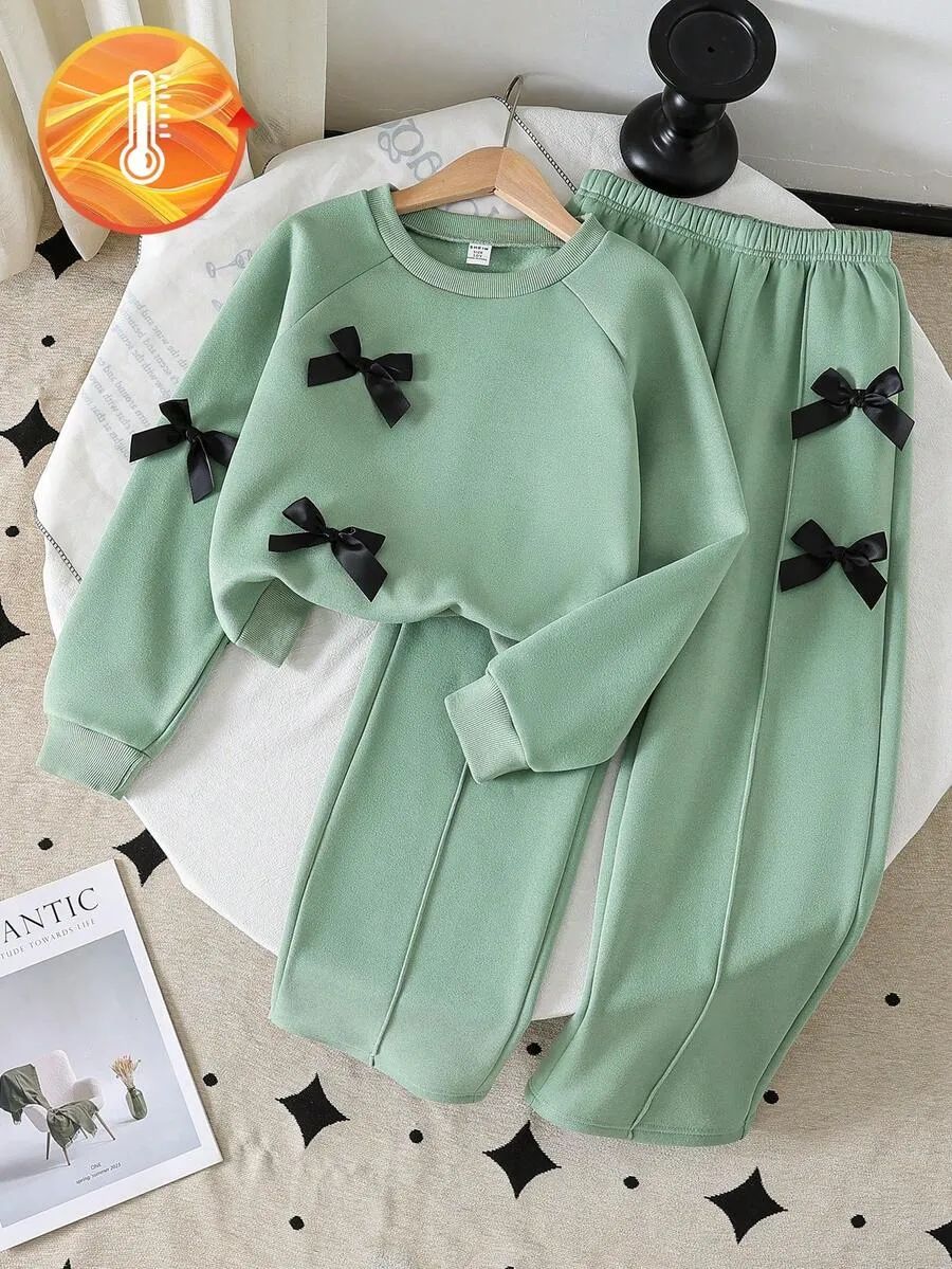 Mind Green with Black Bow Printed Kids Winter Suit (7-14 Years)