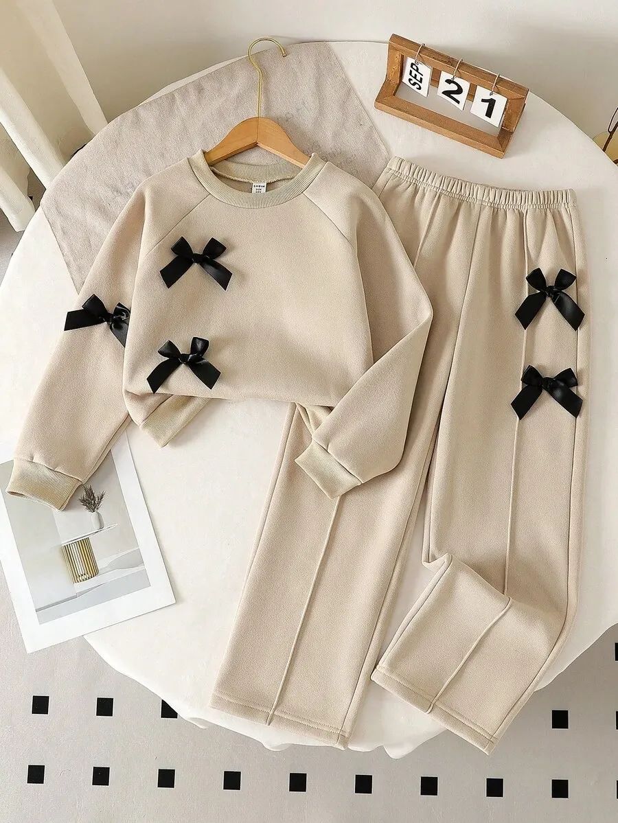 Beige with Black Bow Printed Kids Winter Suit (7-14 Years)