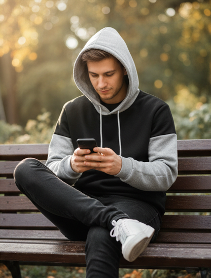 Winter Black With Grey Basic Hoodie For Men