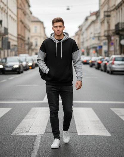 Winter Black With Grey Basic Hoodie For Men
