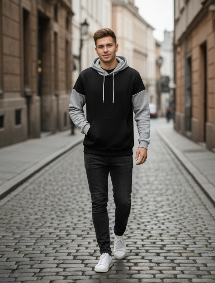 Winter Black With Grey Basic Hoodie For Men