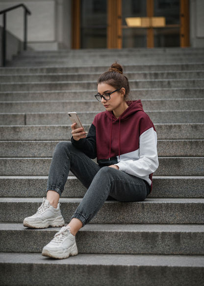 Winter Maroon Black Hoodie For Women