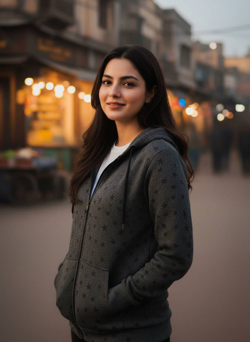 Winter Star Printed Zipper Hoodie For Women