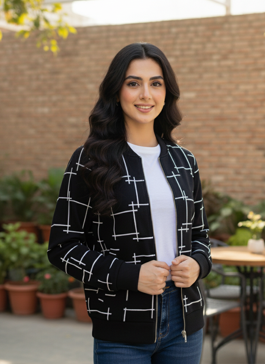 Winter Black Printed Zipper Jacket For Women