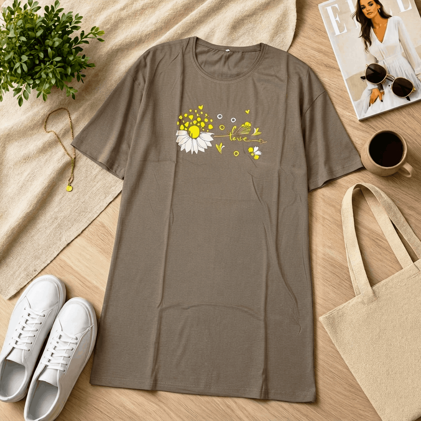 Love Sunflower Printed Grey Long T Shirt
