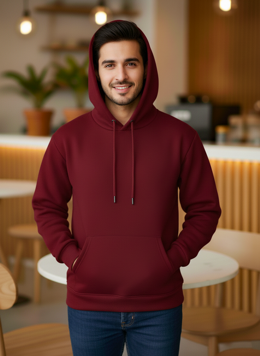 Winter Maroon Basic Hoodie For Men