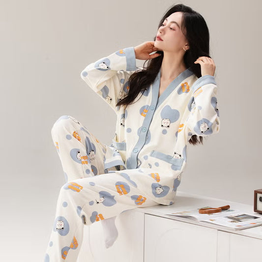 Grey Cute Cartoon V-Neck Button Printed Night Suit