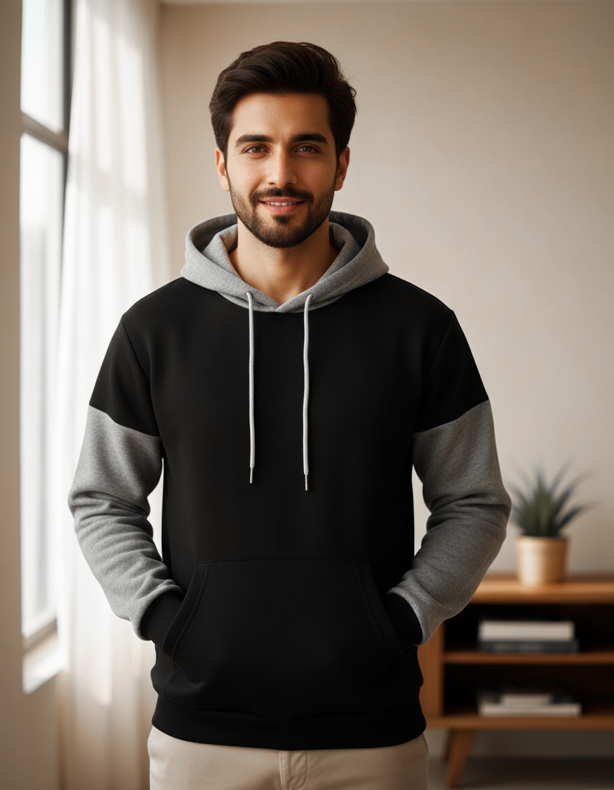 Winter Black With Grey Basic Hoodie For Men