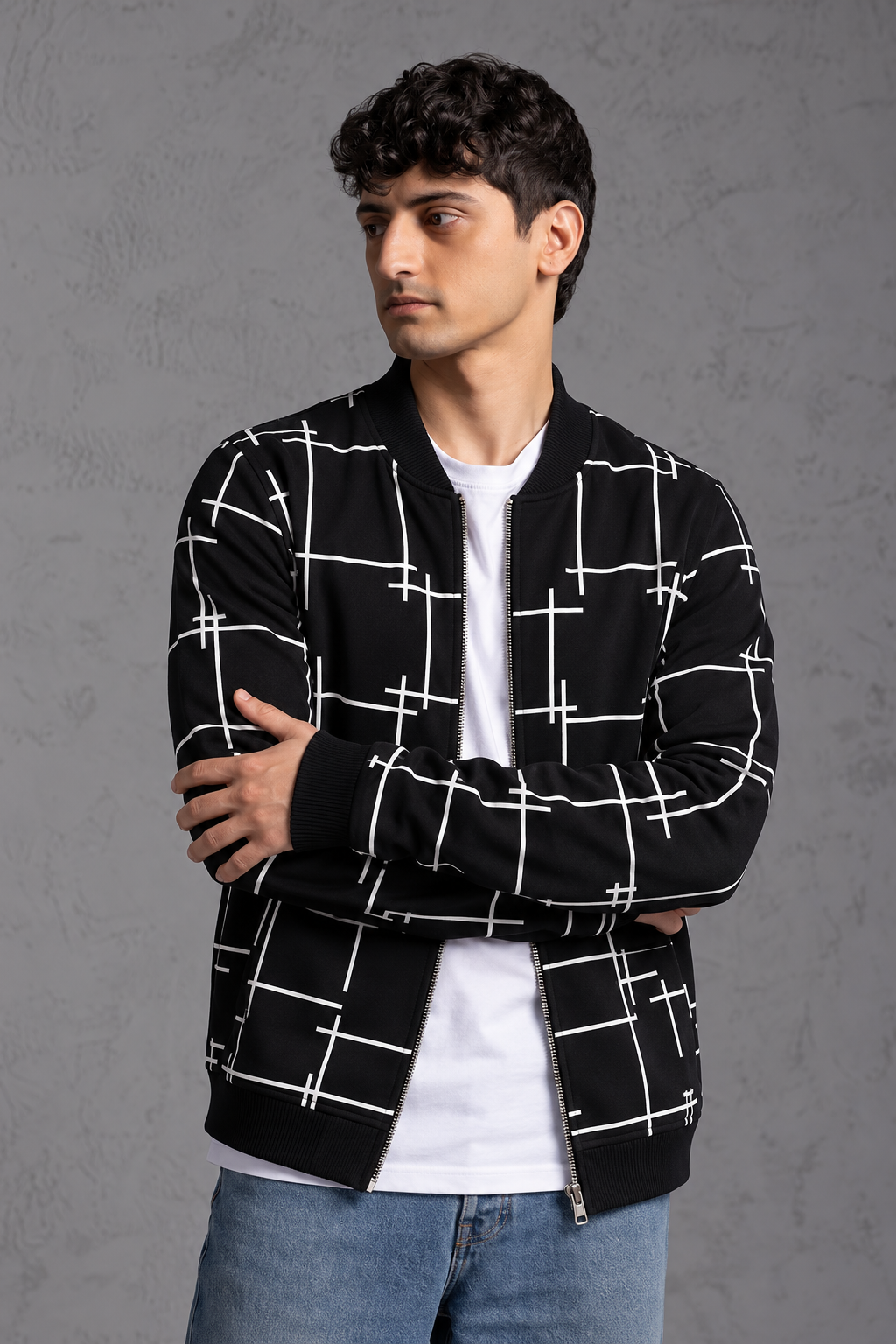 Winter Black Printed Zipper Jacket For Men