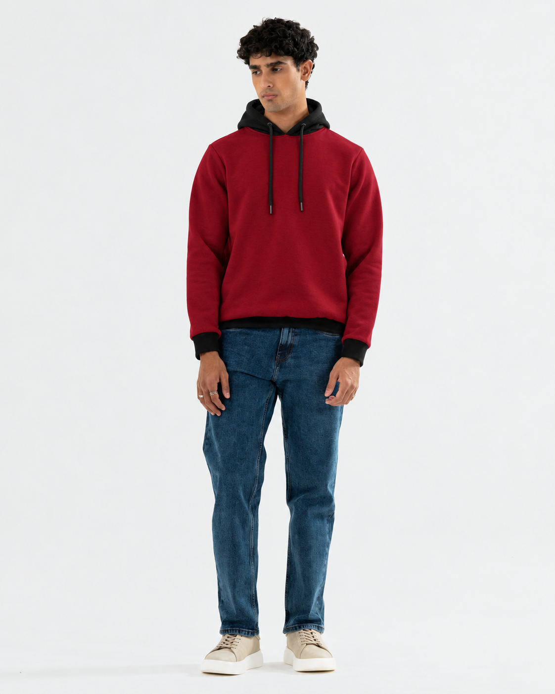 Winter Maroon With Black Basic Hoodie For Women