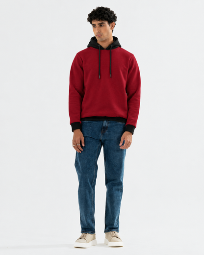 Winter Maroon With Black Basic Hoodie For Women