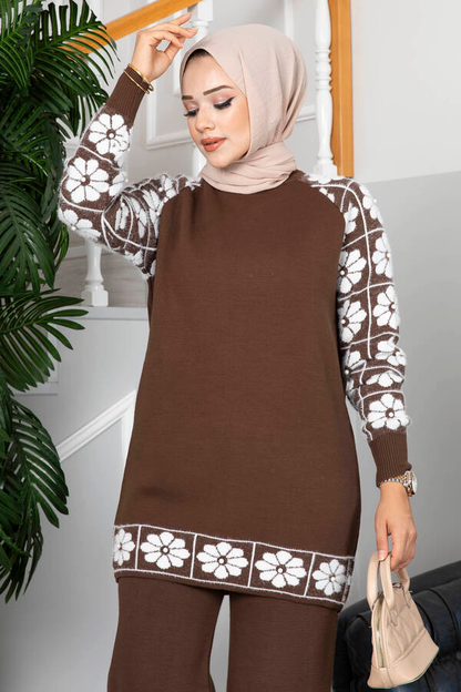 Winter Brown Sunflower Printed Long Sleeves Co-Ord Set