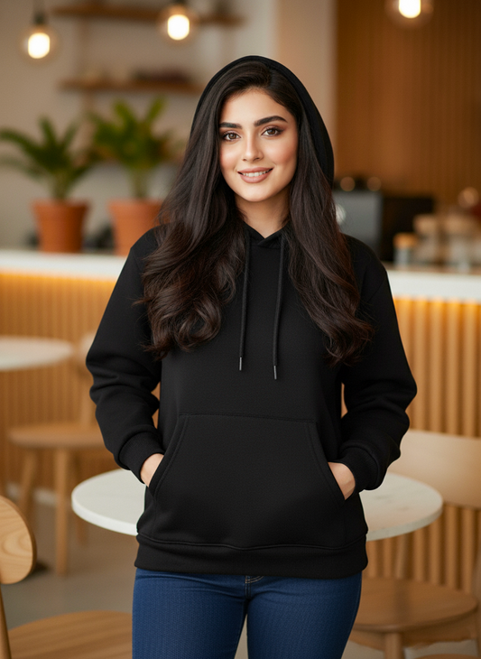Winter Black Basic Hoodie For Women