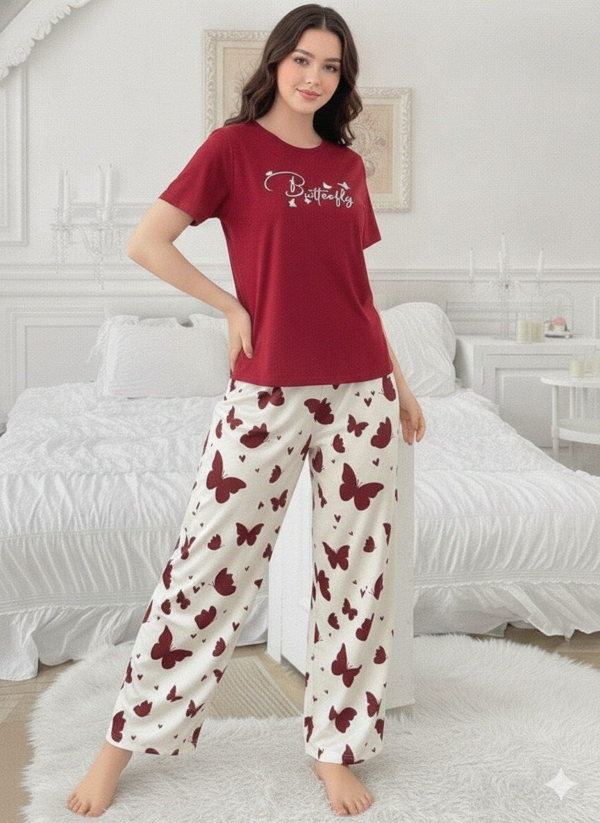 Red Butterfly Printed Half Sleeve Night Suit (7-16 Years)